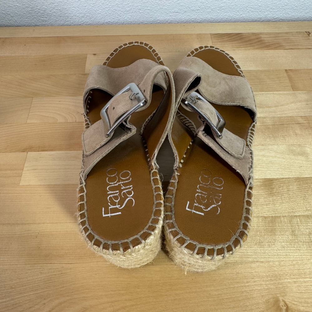 Franco Sarto Coastal Tan Suede Espadrille Wedge Sandals Silver Buckle Womens 7M - Picture 2 of 9